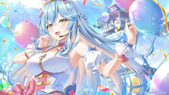  1girl :d absurdres balloon blue_corset blue_hair blue_nails blue_sky blue_streaks bow bowtie braid breasts cloud colored_tips commentary_request concert confetti copyright_name corset crossed_bangs day detached_collar detached_sleeves double-parted_bangs dress gold_tiara hair_between_eyes hair_ornament half_up_braid headset highres hololive hololive_dreams large_breasts long_hair looking_at_viewer multicolored_hair nail_polish official_alternate_costume official_art open_mouth outdoors pink_bow pink_bowtie pointy_ears puffy_detached_sleeves puffy_short_sleeves puffy_sleeves short_sleeves sky sleeveless sleeveless_dress smile solo star_(symbol) star_hair_ornament streaked_hair teeth upper_body upper_teeth_only very_long_hair virtual_youtuber white_dress yellow_eyes yukihana_lamy 