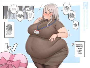 ! 1girl alternate_body_size artist_name ayako_(spells_x) belly big_belly black_pantyhose blue_background blue_eyes blunt_bangs blush border breasts candy chocolate chocolate_heart closed_mouth comic cowboy_shot deviantart_username dress earrings embarrassed english_text fat fat_rolls fat_woman female_focus full-face_blush hair_behind_ear hand_on_own_stomach hand_up heart height hime_cut id_card impossible_clothes jewelry large_breasts long_hair looking_at_viewer measurements navel obese office office_lady original pantyhose pencil_skirt pov ribbed_sweater shiny_skin short-sleeved_sweater short_sleeves sidelocks sideways_glance silhouette simple_background skirt solo_focus speech_bubble spells_x standing sweatdrop sweater sweater_dress taut_clothes thick_arms thick_thighs thighs twitter_username undersized_clothes valentine watermark wavy_mouth weight weight_conscious weight_gain white_hair wide_hips wristband 