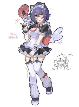  !? +++ 2girls animal_ear_hairband animal_ears bell belle_(zenless_zone_zero) black_dress black_garter_straps blue_hair blush cat_ear_hairband cat_ears cosplay crossed_bangs dress earrings fake_animal_ears frilled_dress frilled_sleeves frills garter_straps green_eyes green_nails hair_between_eyes hair_ornament hairband heart heart_earrings highres holding holding_megaphone jewelry letter_hair_ornament looking_at_viewer maid maid_headdress megaphone motion_lines multiple_girls neck_bell necktie phaethonchan red_bag red_necktie short_hair simple_background sunna_(afternoon_tea_break)_(zenless_zone_zero) sunna_(zenless_zone_zero) sunna_(zenless_zone_zero)_(cosplay) white_background white_wings winged_bag wings zenless_zone_zero 