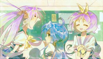  3girls :d =_= absurdres ahoge blue_hair blue_trim border bow canon_event chalkboard classroom closed_eyes dot_nose from_side green_eyes hair_bow hairband hand_on_own_face highres hiiragi_kagami hiiragi_tsukasa indoors irregular_border izumi_konata kyojxn long_hair looking_at_another lucky_star medium_hair mole mole_under_eye multiple_girls neckerchief open_mouth puffy_short_sleeves puffy_sleeves purple_hair red_bow ryouou_school_uniform scene_reference school_uniform serafuku short_sleeves shouting siblings silhouette sisters smile summer_uniform translation_request twintails very_long_hair watermark white_border white_serafuku yellow_hairband yellow_neckerchief 