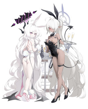  2girls ahoge alcohol alternate_costume animal_ears ass b-pang backless_leotard bandaid bandaids_on_nipples black_leotard black_shoes blue_archive blush breasts champagne champagne_flute chest_tattoo closed_mouth cup dark-skinned_female dark_skin demon_girl demon_horns demon_tail drinking_glass fake_animal_ears fake_tail fang forehead full_body gloves grey_hair grey_halo hair_over_one_eye halo high_heels high_ponytail highleg highleg_leotard highres hina_(blue_archive) holding holding_tray horns iori_(blue_archive) leotard long_hair long_pointy_ears looking_at_viewer looking_back multiple_girls multiple_horns pantyhose parted_bangs pasties playboy_bunny pointy_ears ponytail pumps purple_eyes rabbit_ears rabbit_tail red_eyes shoes simple_background skin_fang small_breasts sneakers standing strapless strapless_leotard tail tattoo thigh_strap tray very_long_hair white_background white_gloves white_hair white_leotard white_pantyhose white_shoes white_wrist_cuffs wrist_cuffs 