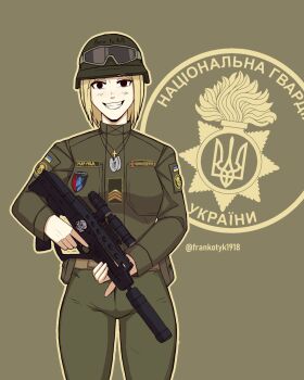  1girl alternate_costume assault_rifle blonde_hair bullpup callsign character_name dog_tags fangs frankotyk1918 goggles grin gun helmet highres holding holding_gun holding_weapon light_blush looking_at_viewer malyuk marichka military military_combat_uniform military_uniform national_guard_of_ukraine nazi original rifle russo-ukrainian_war short_hair simple_background smile soldier solo submachine_gun suppressor totenkopf trigger_discipline tryzub ukraine ukrainian_flag war weapon 