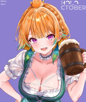  1girl absurdres alcohol beer beer_mug breasts cleavage cup dirndl dress earrings feathers german_clothes highres hololive hololive_english jewelry k0rrin large_breasts mug official_alternate_costume orange_hair purple_eyes smile takanashi_kiara takanashi_kiara_(dirndl) virtual_youtuber 