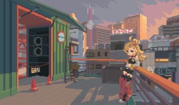  1girl against_railing ahoge bare_shoulders black_shorts blonde_hair breasts building city cloud crop_top detached_sleeves full_body gloves green_eyes hair_bun hair_ornament highres ladder long_hair looking_at_viewer midriff navel pants piper_wheel pixel_art plant potted_plant radio_tower railing red_pants shadow shorts skyline small_breasts solo sunset traffic_cone yellow_gloves yemengmengai zenless_zone_zero 