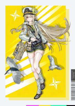  1girl ;) absurdres alternate_costume animal arknights bag barcode bird black_shoes black_shorts brown_hair camera chinese_commentary closed_mouth clothes_writing collarbone commentary_request elf endfield_industries_logo full_body grey_hoodie grey_leg_warmers hair_between_eyes hat highres hood hood_down hoodie jewelry leg_warmers long_hair long_sleeves looking_at_viewer lt_mue mole mole_under_eye muelsyse_(arknights) nikon_(company) one_eye_closed peaked_cap pointy_ears rhodes_island_logo_(arknights) ring sailor_hat shoes shorts shoulder_bag smile solo stirrup_footwear very_long_hair white_hat yellow_background yellow_eyes  rating:General score:2 user:danbooru