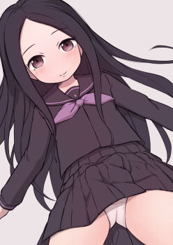  1girl black_hair black_shirt black_skirt blush brown_eyes clothes_lift crotch_seam flat_chest grey_background kai_ooo1 loli long_hair long_sleeves looking_at_viewer neckerchief original panties purple_neckerchief school_uniform shirt skirt skirt_lift smile standing underwear upskirt white_panties  rating:Sensitive score:10 user:cpee
