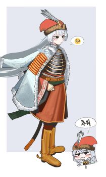  1girl belt black_eyes blush_stickers boots cape chibi coat coat_on_shoulders commentary cuirass emoji fur-trimmed_coat fur-trimmed_headwear fur_trim green_sash gulyas hat hat_feather highres hungary jewelry korean_commentary korean_text long_hair military military_uniform multiple_views original pleading_face_emoji red_hat ring saber_(weapon) sash speech_bubble spoken_emoji spurs sword translation_request weapon white_cape white_coat white_hair 