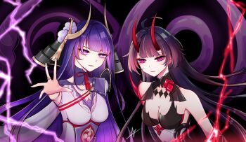  2girls absurdres alternate_costume arm_up armor artist_name bare_shoulders blunt_bangs breasts cleavage closed_mouth clothing_cutout commentary electricity english_commentary fake_horns genshin_impact glowing head_tilt headpiece highres honkai_(series) honkai_impact_3rd horns humanoid_robot in-franchise_crossover japanese_armor joints lexeliris long_hair medium_breasts mihoyo mitsudomoe_(shape) mole mole_under_eye multicolored_eyes multiple_girls neck_ribbon official_alternate_costume powering_up purple_eyes purple_hair raiden_mei raiden_mei_(herrscher_of_thunder) raiden_shogun raiden_shogun_(magatsu_mitake_narukami_no_mikoto) reaching reaching_towards_viewer red_horns red_pupils red_ribbon ribbon robot robot_joints sawashiro_miyuki shoulder_cutout signature tomoe_(symbol) upper_body voice_actor_connection 