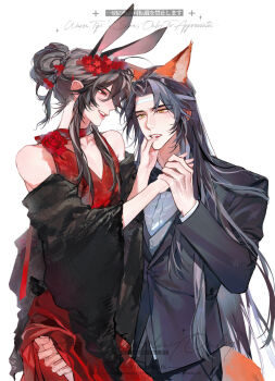  2boys ahoge alternate_costume alternate_hairstyle animal_ears bare_shoulders black_bow black_bowtie black_hair black_jacket black_pants black_suit bow bowtie braid chinese_commentary collared_shirt commentary_request commission cosplay couple crossdressing crossdressing_(mtf) dress finger_to_another's_mouth flower formal_clothes fox_boy fox_ears fox_tail grabbing_another's_ass groping hair_bun hair_flower hair_ornament hand_grab hand_on_another's_ass hand_on_another's_chin hand_on_another's_face headband highres hug jacket judy_hopps judy_hopps_(cosplay) kemonomimi_mode lan_wangji long_hair long_sleeves looking_at_another male_focus modao_zushi multiple_boys neck_ribbon nick_wilde nick_wilde_(cosplay) off_shoulder open_clothes open_jacket open_mouth pants pectoral_cleavage pectorals rabbit_boy rabbit_ears rabbit_tail red_dress red_eyes red_flower red_ribbon red_rose ribbon rose sample_watermark second-party_source shirt sidelocks simple_background single_hair_bun smile suit tail teeth watermark wei_wuxian white_background white_headband white_shirt xue_ding_ka_fei_du_wei yaoi yellow_eyes zootopia 