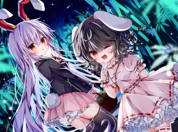  2girls animal_ears arms_behind_back bamboo bamboo_forest basket black_jacket black_thighhighs blazer bloomers carrot carrot_necklace commentary_request crescent crescent_pin dress floppy_ears forest frilled_skirt frills highres holding holding_basket inaba_tewi jacket jewelry looking_at_viewer multiple_girls nature necklace necktie nya_(pixiv_100585577) one_eye_closed open_mouth pendant pink_dress pink_skirt purple_hair rabbit_ears rabbit_girl rabbit_tail red_eyes red_necktie reisen_udongein_inaba ribbon-trimmed_dress ribbon_trim skirt smile tail thighhighs touhou underwear white_bloomers white_thighhighs 