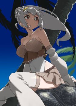  1girl armor bare_shoulders braid breasts brown_eyes brown_skirt commentary crown_braid detached_sleeves hair_between_eyes hairband highres kemono_friends large_breasts leotard long_hair looking_to_the_side palm_tree pleated_skirt ponytail reptile_girl san_cristobal_giant_tortoise_(kemono_friends) sidelocks sitting skirt solo tanabe_(fueisei) thighhighs tree turtle_shell white_hair white_leotard white_sleeves white_thighhighs yellow_hairband zettai_ryouiki 
