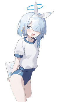 1girl absurdres adjusting_buruma adjusting_clothes arms_behind_back arona_(blue_archive) blue_archive blush breasts buruma dot_nose gym_uniform highres naughty_face one_eye_covered open_mouth paper sh_(shinh) shirt shirt_tucked_in simple_background small_breasts smile smug smug solo t-shirt thigh_gap thighs twitter white_background white_shirt rating:Sensitive score:48 user:buster2222