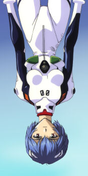  1990s_(style) 1girl ayanami_rei blue_hair bodysuit breasts curvy expressionless female_focus hair_between_eyes hair_ornament highres long_image looking_at_viewer mecha_pilot_suit neon_genesis_evangelion official_art pale_skin plugsuit_(evangelion) red_eyes retro_artstyle short_hair simple_background small_breasts solo tall_image turtleneck upper_body  rating:Sensitive score:17 user:fakyuh