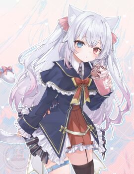  1girl animal_ears black_thighhighs blue_eyes bow cat_ears cat_girl commentary_request dress food garter_straps heterochromia highres ice_cream jewelry kanzaki_ririka long_hair original red_eyes thigh_strap thighhighs virtual_youtuber white_hair 