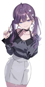  1girl ahoge arm_under_breasts black_choker black_shirt blue_eyes bra_strap choker collarbone cowboy_shot gakuen_idolmaster grin hair_ornament high-waist_skirt highres idolmaster kaya_rinha long_hair long_sleeves looking_at_viewer mole mole_on_neck nail_polish pencil_skirt purple_hair purple_nails satoupote shirt shirt_tucked_in simple_background skirt smile solo standing twintails twirling_hair white_background white_skirt 