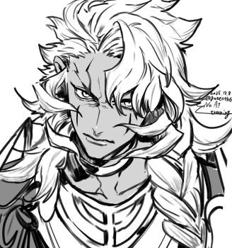  1boy artist_name body_markings closed_mouth commentary_request dated fate/grand_order fate_(series) grand_caster_(fate) grimace jewelry kisaragi_kokoro_(hazuki) long_hair looking_at_viewer male_focus monochrome neck_ring side_ponytail sketch solo solomon_(fate) upper_body 