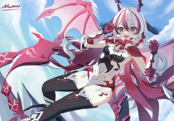  1girl :d absurdres black_thighhighs boots breasts cape claw_pose clothing_cutout cloud commentary_request coralie_6626_planck coralie_6626_planck_(behold!_fate-defying_dragon) dragon_girl dragon_tail dragon_wings hair_between_eyes highres honkai_(series) honkai_impact_3rd horns leotard long_hair looking_at_viewer meow_maolai multicolored_hair navel navel_cutout open_mouth red_hair red_pupils sky small_breasts smile solo streaked_hair tail thighhighs two-tone_hair white_hair wings yellow_background 