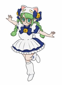  1girl alternate_costume animal_hands animal_hat apron bell braid cat_hat commission commissioner_upload cosplay dejiko dejiko_(cosplay) di_gi_charat elf enmaided euphemy_sylvaine glasses gloves green_eyes green_hair hat highres jingle_bell long_hair maid maid_apron official_art paw_gloves pointy_ears soapwyrt twin_braids ways_of_darkness_(series) 