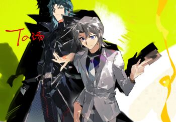  2boys 99ki5 black_pants black_shirt blazer blue_eyes card coat commentary confetti cowboy_shot dress_shirt drop_shadow edo_phoenix facing_to_the_side formal_clothes gift_art green_background green_hair grey_hair hand_in_pocket high_contrast highres holding holding_card jacket light_smile looking_ahead male_focus marufuji_ryo multiple_boys necktie outstretched_arm pants parted_bangs popped_collar shirt side-by-side suit toned toned_male trench_coat two-tone_background white_coat white_necktie white_pants yu-gi-oh! yu-gi-oh!_gx 