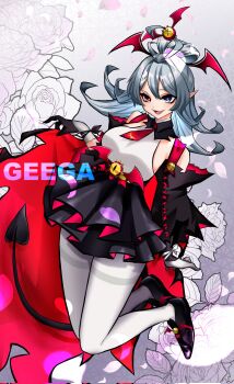  1girl ahoge black_gloves black_shoes black_skirt blue_eyes breasts commentary demon_tail detached_sleeves fang flower general_geega gloves grey_hair head_wings heterochromia highres large_breasts long_hair looking_at_viewer necktie open_mouth pantyhose pointy_ears ponytail red_eyes red_necktie rose shoes sideboob skin_fang skirt smile tail thighs tobosigen untranslatable_commentary virtual_youtuber vshojo white_gloves white_pantyhose wings 