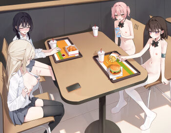 4girls armband black_bow black_bowtie black_hair black_skirt black_thighhighs blonde_hair booth_seating bow bowtie breasts brown_hair burger cellphone change_in_common_sense chewing chicken_nuggets clothed_female_nude_female commentary_request convenient_censoring eating exhibitionism fast_food flat_chest food french_fries full_body grey_skirt highres holding holding_food holding_phone ketchup loli long_sleeves looking_at_another medium_breasts multiple_girls naked_school_attendance nipples no_bra no_shoes nude open_clothes open_mouth open_shirt original phone pink_hair pleated_skirt public_indecency public_nudity purple_eyes revision school_uniform shirt sitting skirt smartphone smile thighhighs white_shirt white_thighhighs xiao_lin_jiu yellow_eyes zenra rating:Explicit score:305 user:danbooru