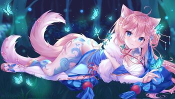  1girl :3 ahoge alllisso animal_ears artist_name blue_butterfly blue_eyes blue_nails breasts bug butterfly cat_ears cat_girl cat_tail cleavage clip_studio_paint_(medium) commentary commission english_commentary flower_in_eye forest grass heart highres indie_virtual_youtuber insect leahkitties_(vtuber) long_hair making-of_available multiple_tails nail_polish nature night sandals solo symbol_in_eye tail toenail_polish toenails virtual_youtuber 
