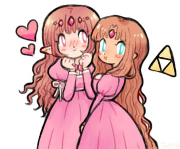  2girls blue_eyes blush breasts brown_hair dress elf grin heart long_hair looking_at_viewer multiple_girls nintendo pink_dress pink_eyes pointy_ears princess_zelda smile spoken_heart standing the_legend_of_zelda the_legend_of_zelda_(nes) triforce zelda_ii:_the_adventure_of_link  rating:General score:1 user:Mr._Jive