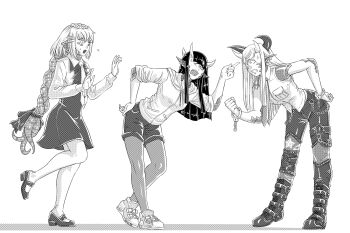  3girls anger_vein belt_boots blunt_ends boots braid breasts broken_handcuffs cacodemon clenched_hand clenched_teeth clothing_cutout collared_shirt commentary commentary_request constricted_pupils crossed_ankles cuffed cyclops demon_girl demon_horns doom_(series) doom_3 doom_64 doom_i dress english_commentary flying_sweatdrops full_body greyscale hair_ornament hair_ribbon hairclip hand_on_own_hip highres hood hooded_jacket horns jacket leaning_forward long_hair long_sleeves mary_janes medium_breasts monochrome multiple_girls necktie o-ring one-eyed open_mouth pantyhose personification pointing pointing_at_another pointy_ears ribbon scales screentones shirt shoes shorts simple_background sleeveless sleeveless_shirt sneakers spikes standing standing_on_one_leg star_cutout substance20 teeth tentacle_hair very_long_hair white_background 