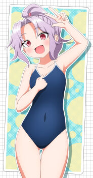  1girl absurdres gluteal_fold highres ishigakiseiya kunoichi_tsubaki_no_mune_no_uchi loli looking_at_viewer open_mouth purple_hair red_eyes sazanka_(kunoichi_tsubaki_no_mune_no_uchi) solo swimsuit victory_pose 