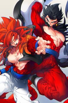  black_hair blue_eyes blue_sash closed_mouth dougi dragon_ball dragon_ball_gt dragon_ball_heroes earrings gloves gogeta highres jewelry long_hair male_focus metamoran_vest monkey_boy monkey_tail multiple_boys muscular muscular_male ommmyoh open_mouth pants potara_earrings red_fur saiyan sash spiked_hair super_saiyan super_saiyan_4 tail time_patrol_(dragon_ball) twitter_username vegetto vegetto_(xeno) 