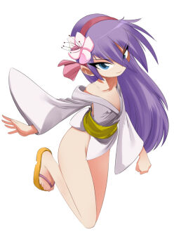  00s 1girl ass bare_shoulders blue_eyes collarbone covered_erect_nipples female_focus flat_chest flip-flops flower hair_ornament hair_ribbon hip_focus japanese_clothes kimono legs light_purple_hair lou_roux no_panties purple_hair ribbon sandals shinkon_gattai_godannar!! solo tsurime  rating:Questionable score:24 user:DestPrince