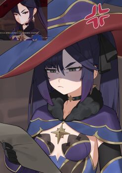  1girl anger_vein black_choker black_gloves black_hair breasts choker commentary_request derivative_work earrings flasso four-pointed_star frown genshin_impact gloves grey_eyes hat highres holding holding_letter jewelry letter long_hair mona_(genshin_impact) reading reference_inset screenshot_redraw small_breasts star_(symbol) star_earrings witch_hat 