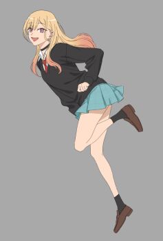  1girl aqua_skirt black_choker black_skirt black_sweater blonde_hair brown_shoes choker from_side full_body highres kitagawa_marin leg_up loafers long_hair long_sleeves looking_at_viewer looking_to_the_side miniskirt nagasawa_reiko_(animator) necktie open_mouth pink_hair plaid_clothes plaid_skirt red_necktie school_uniform shoes skirt smile solo sono_bisque_doll_wa_koi_wo_suru sweater v-neck wing_collar 