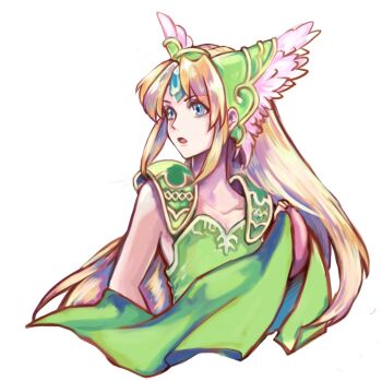  1girl aqua_gem armor blonde_hair collarbone commentary_request dress forehead_jewel gem green_armor green_dress green_eyes highres long_hair naekam parted_bangs parted_lips riesz seiken_densetsu seiken_densetsu_3 shoulder_armor sidelocks solo upper_body white_background winged_headwear 
