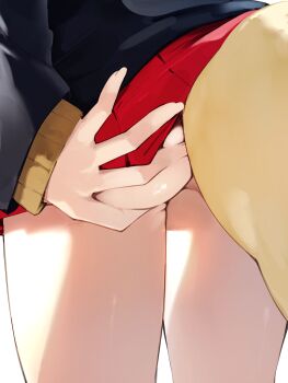  1girl absurdres ass ass_focus commentary_request fox_tail from_behind grabbing_own_ass hand_on_own_ass highres hololive omaru_polka omaru_polka_(school_uniform) red_skirt skirt solo standing tail tsushi virtual_youtuber 