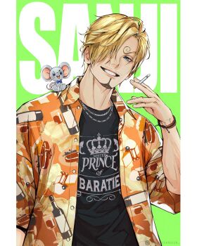  1boy animal animal_on_shoulder blonde_hair blue_bow blue_bowtie blue_eyes bow bowtie bracelet character_name cigarette commentary curly_eyebrows facial_hair goatee green_background hair_over_one_eye highres holding holding_cigarette jewelry mouse_(animal) mustache one_piece parted_lips sanji_(one_piece) short_hair smile upper_body wandzardeen 