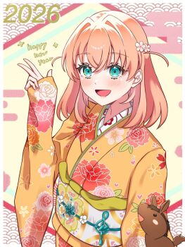  1girl 2026 :d aqua_eyes blush chinese_zodiac commentary_request flower hair_flower hair_ornament happy_new_year highres hinoshita_kaho horse japanese_clothes kimono link!_like!_love_live! long_sleeves looking_at_viewer love_live! mano_409 new_year obi obiage obijime open_mouth orange_hair orange_kimono pink_flower sash seigaiha sleeves_past_wrists smile solo two_side_up upper_body virtual_youtuber year_of_the_horse 
