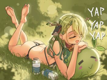 1girl absurdres animal_ears animal_print antler_ribbon antlers ass barefoot belt_collar bikini bottle braid braided_bangs breasts ceres_fauna closed_eyes collar commentary cow_ears cow_print cow_print_bikini crossed_ankles english_commentary english_text fake_animal_ears feet flower full_body glass_bottle grass green_hair hair_branch hair_flower hair_ornament highres hololive hololive_english horns large_breasts long_hair lying madaotheory milk milk_bottle mole mole_under_eye name_tag neck_bell nude on_ground on_stomach outdoors own_hands_together print_bikini revision sapling_(ceres_fauna) soles solo swimsuit thighs toes tree_horns virtual_youtuber rating:Sensitive score:83 user:danbooru