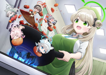  6+girls :3 :d absurdres ahoge animal_ear_fluff animal_ears apron ayane_(blue_archive) black_bow black_hair black_skirt blue_archive blue_eyes blue_fire blush bow brown_hair ceiling chibi closed_eyes collared_shirt commentary_request curtains drawing_rak fire food glasses green_eyes green_halo grey_hair grey_halo hair_bow hair_rings halo highres hoshino_(blue_archive) indoors multiple_girls nonomi_(blue_archive) open_mouth pink_halo pointy_ears purple_eyes red_halo refrigerator sausage serika_(blue_archive) shiroko_(blue_archive) shiroko_terror_(blue_archive) shirt sidelocks skirt smile twintails v-shaped_eyebrows white_shirt wok wooden_spatula 