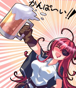  1girl absurdres ahoge alcohol asami_makiko_(heaven_burns_red) beer beer_mug black_jacket brown_gloves commentary_request cup dmc_tales2006 drooling drunk gloves heaven_burns_red highres holding holding_cup jacket long_hair motion_lines mouth_drool mug red_hair shirt speed_lines white_shirt 