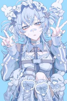  1girl ahoge bandaid bandaid_on_face bandaid_on_finger bandaid_on_hand bandaid_on_nose blue_background blue_bow blue_eyes blue_hair blue_jacket blue_leg_warmers blue_nails blue_shirt bow double_w grey_necktie hair_between_eyes hair_ornament hairclip hands_up highres jacket kuroume_(aihikarikuroume24) leg_warmers long_hair long_sleeves looking_at_viewer maid_headdress necktie original pantyhose parted_lips shirt simple_background single_leg_pantyhose solo striped_clothes striped_pantyhose sweatdrop tenshi_kaiwai two_side_up w white_bow x_hair_ornament 