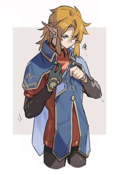  1boy blonde_hair blue_eyes border chinese_commentary closed_mouth commentary dressing earrings gloves hair_between_eyes jewelry leopardtiger link male_focus nintendo pointy_ears prosthesis prosthetic_arm red_shirt royal_guard_set_(zelda) shirt sidelocks simple_background solo the_legend_of_zelda the_legend_of_zelda:_breath_of_the_wild the_legend_of_zelda:_tears_of_the_kingdom upper_body 
