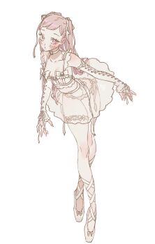 1girl ballet_slippers bare_legs blush bomhat bow bra breasts choker cleavage detached_sleeves full_body hair_ribbon highres leaning_forward legs lingerie long_hair looking_at_viewer medium_breasts original panties parted_lips pink_eyes pink_hair plantar_flexion ribbon see-through_clothes see-through_skirt simple_background skirt small_breasts solo standing underwear white_background white_bra white_footwear rating:Sensitive score:17 user:danbooru