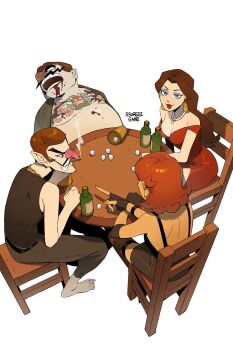  2boys 2girls alcohol bare_back breasts brown_hair chair cleavage dice dress earrings eyeshadow facial_hair fat fat_man flipped_hair flower_earrings gloves jewelry lipstick long_hair looking_at_another makeup mario_(series) multiple_boys multiple_girls mustache necklace nintendo pauline_(nintendo) pointing princess_daisy red_dress red_hair shorts sitting smoking table talking tomboy waluigi wario wine 