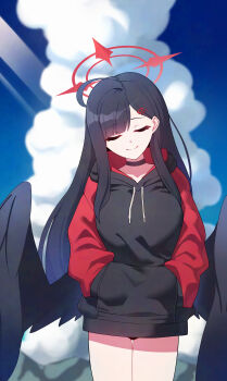 1girl absurdres adversarial_noise ahoge alternate_costume black_choker black_hair black_hoodie black_panties black_wings blue_archive blue_sky choker cloud commentary facing_viewer hair_ornament hairpin halo hands_in_pocket highres hood hood_down hoodie ichika_(blue_archive) long_hair low_wings mountain multicolored_hoodie panties panty_peek parted_bangs red_halo red_hoodie sky smile solo thighs tost_(cloi123) underwear wings 