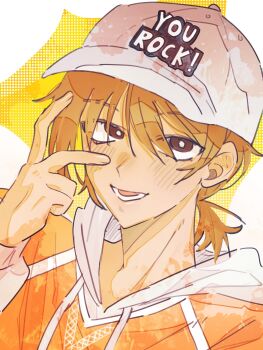  1boy :d baseball_cap bent_v bright_pupils brown_eyes brown_hair clothes_writing commentary danmuji_07 dark-skinned_male dark_skin drawstring english_text fingernails grey_hat grey_hoodie hair_between_eyes halftone halftone_background hand_up hat highres hood hood_down hoodie kel_(birthday)_(omori) kel_(faraway)_(omori) kel_(omori) long_sleeves looking_at_viewer low_ponytail lower_teeth_only male_focus official_alternate_costume official_alternate_hairstyle omori open_mouth orange_shirt ponytail portrait puffy_long_sleeves puffy_sleeves shirt short_hair short_ponytail simple_background smile solo swept_bangs symbol-only_commentary teeth two-tone_background upturned_eyes v v_over_eye white_background white_pupils yellow_background 