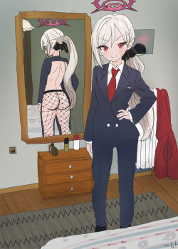  1girl absurdres ass backless_outfit backless_pants bed blue_archive cutout explosive fishnets flatculture formal_clothes half-dressed_in_the_mirror_(meme) halo hand_grenade hand_on_own_hip highres hotel_room jacket looking_at_viewer meme mirror mutsuki_(blue_archive) necktie pants pants_cutout ponytail refelction reflection sketch smug standing suit suit_jacket uohhhhhhhhh!_(meme) 