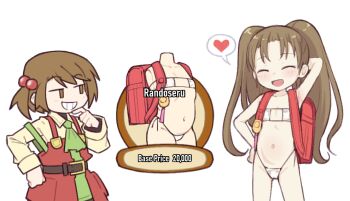  2girls :d artist_collaboration artist_request ascot backpack bag bikini brown_eyes brown_hair character_request closed_eyes commentary copyright_request crime_prevention_buzzer dress english_commentary english_text eyepatch_bikini flat_chest girl_(recettear) green_ascot hair_bobbles hair_ornament heart highleg highleg_bikini loli multiple_girls navel open_mouth randoseru recette_lemongrass recettear red_bag red_dress shino_(shinokani) shirt smile speech_bubble spoken_heart string_bikini swimsuit twintails white_bikini yellow_shirt 