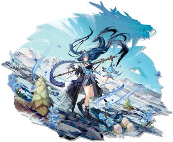  1girl ankle_boots arknights black_boots black_coat black_dress black_gloves blue_eyes blue_flower blue_hair blue_sky boots breasts coat dragon dragon_girl dragon_horns dragon_tail dress floating_hair flower full_body gloves highres holding holding_staff horns ling_(arknights) ling_(towering_is_cliff_of_nostalgia)_(arknights) long_hair looking_at_viewer mountain multicolored_hair off_shoulder official_alternate_costume official_art open_clothes open_coat pointy_ears ponytail rock sky smile solo staff standing tail thigh_strap third-party_source transparent_background very_long_hair xiayehongming 