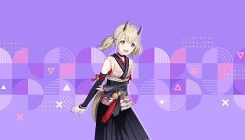  1girl :d arms_behind_back azusawa_kohane bell black_bow black_choker black_sash black_skirt blonde_hair bow breasts brown_kimono choker colorful_palette cowboy_shot demon_horns dot_nose egasumi fake_horns fingernails floating_hair game_cg gloves gradient_clothes gradient_kimono grey_bow hand_on_own_arm highres horns japanese_clothes kimono kimono_skirt long_fingernails looking_at_viewer low_twintails nail_polish obi obi_bow obiage official_alternate_costume official_art open_mouth pink_background project_sekai purple_background red_nails sash seigaiha shinnen_kotohogu_inori_no_mai_(project_sekai) skirt sleeveless sleeveless_kimono small_breasts smile solo tassel third-party_source triangle twintails two-tone_background two-tone_bow upper_body yellow_eyes 